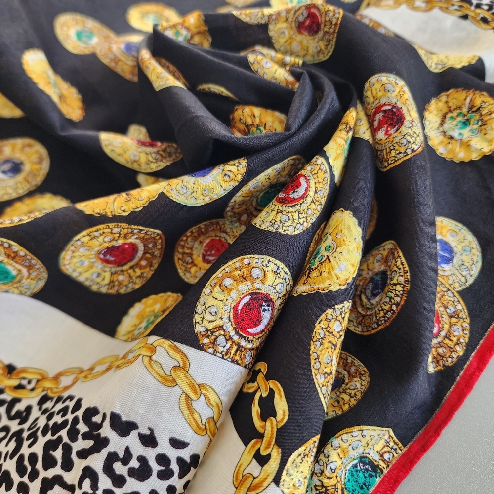 Celine Black & White Silk Bandanna with Gold, Red, Blue & Green Medallions EUC - Picture 5 of 15